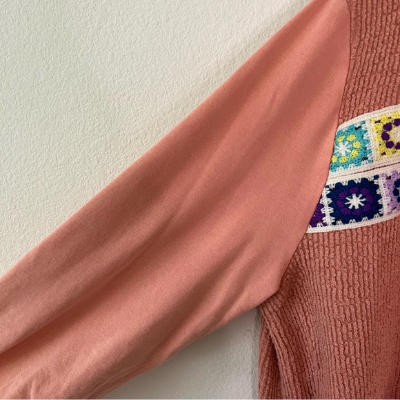 POL NWT Boho Granny Square Crochet Oversized Zip Hoodie L Vintage Wash Peach - Picture 7 of 16